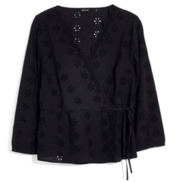 Madewell Tops - Madewell Scalloped Eyelet Wrap Top Belted / Tie Waist Black